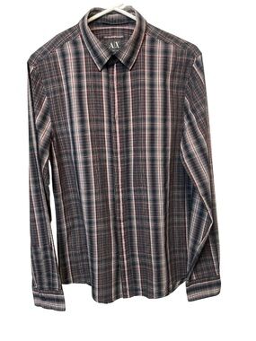 A/X Armani Exchange Men's Black and Red Plaid Button-Down Shirt